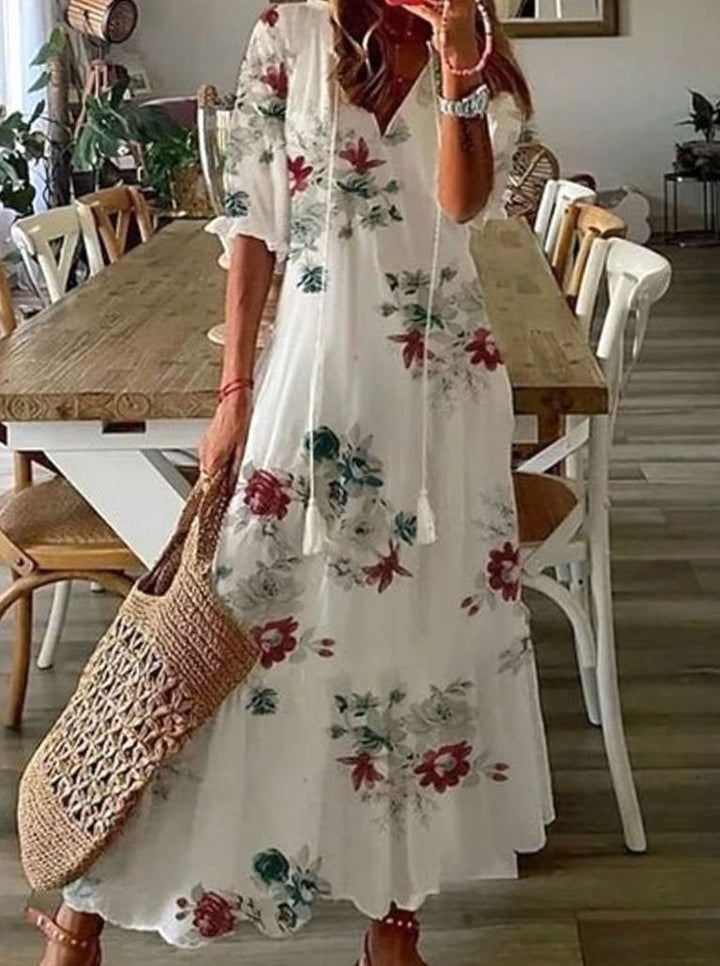 Women's Boho Geometric-Print V-Neck A-Line Maxi Dress - White