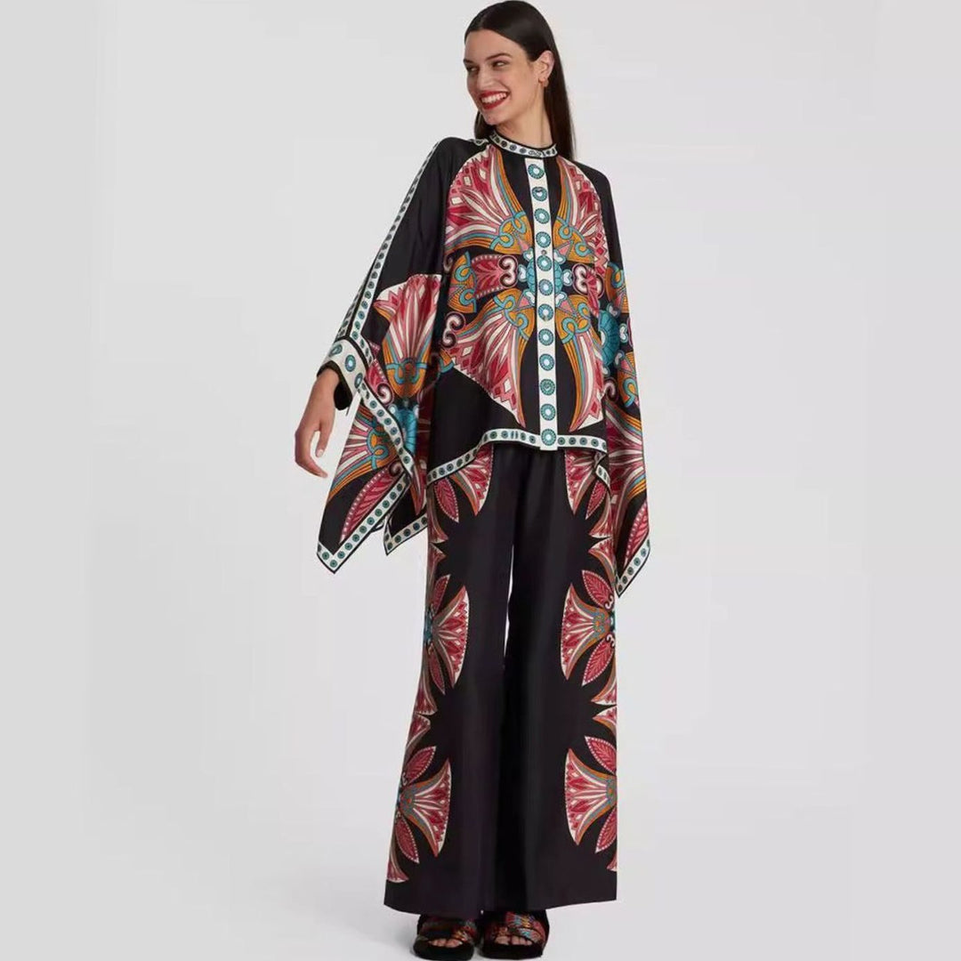 Women's Boho Kimono-Sleeve Top Wide-Leg Trouser Two-Piece Set