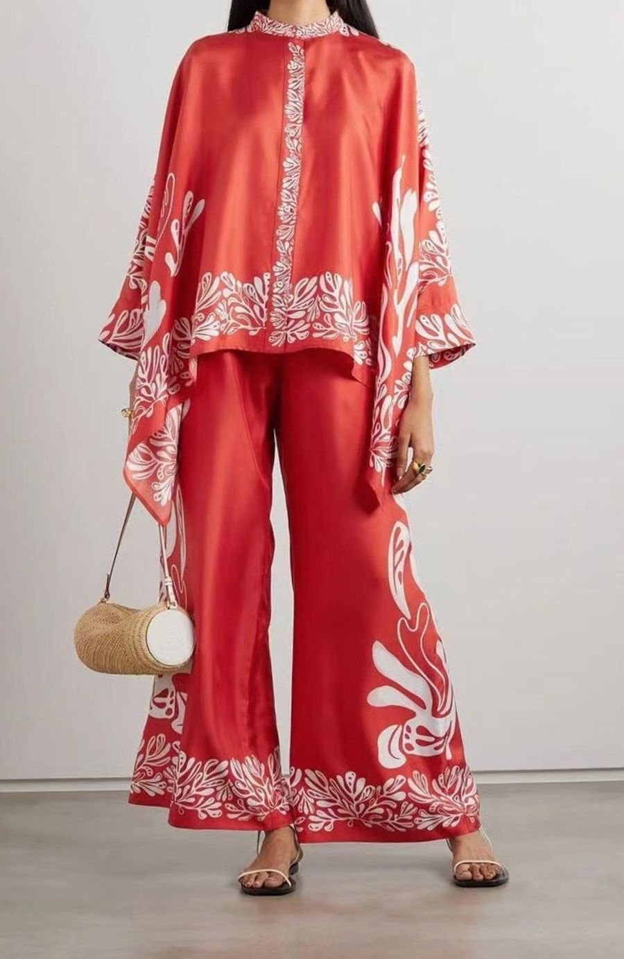 Women's Boho Kimono-Sleeve Top Wide-Leg Trouser Two-Piece Set - Red
