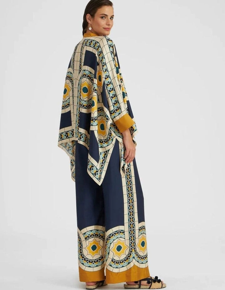 Women's Boho Kimono-Sleeve Top Wide-Leg Trouser Two-Piece Set