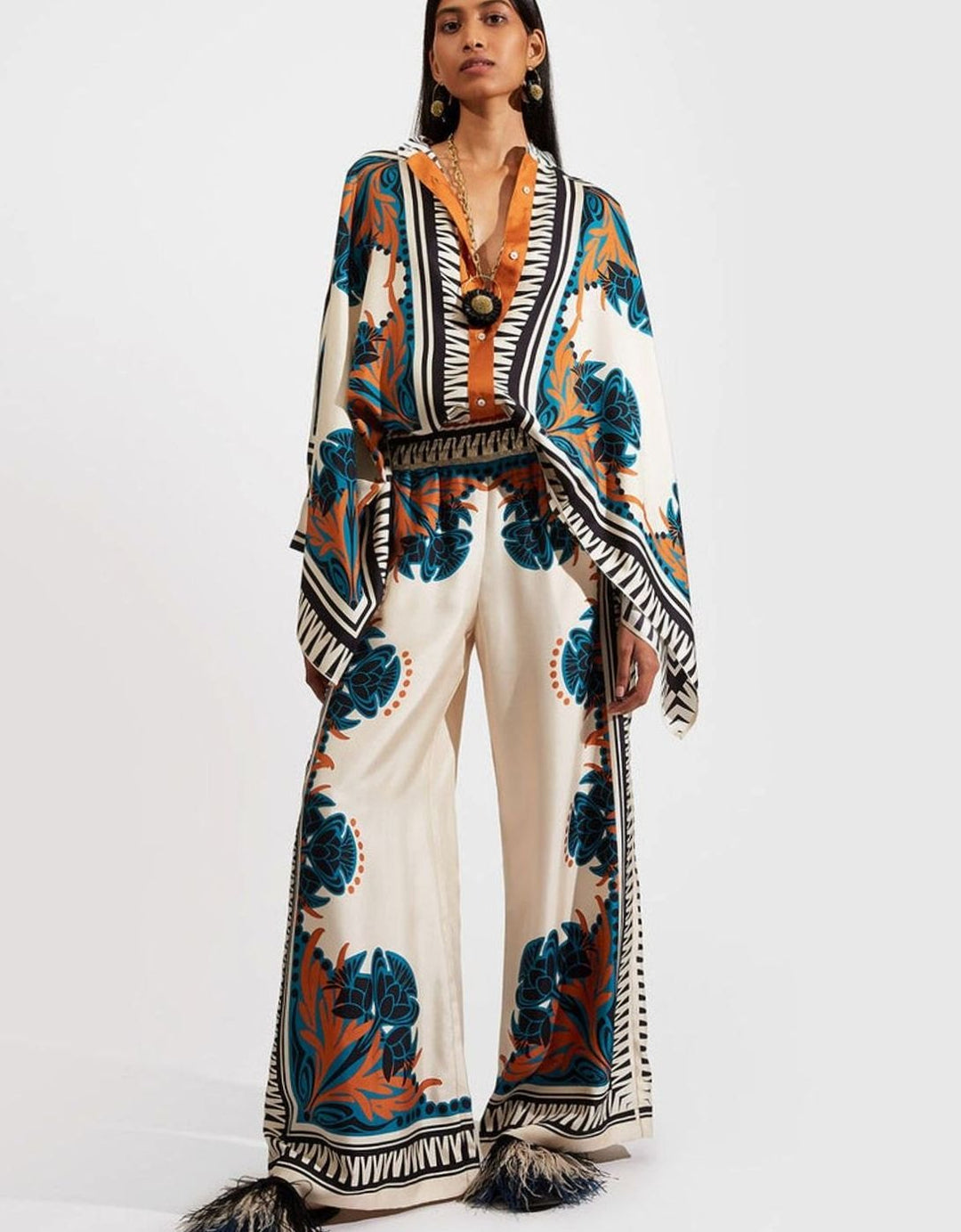 Women's Boho Kimono-Sleeve Top Wide-Leg Trouser Two-Piece Set - Tangerine