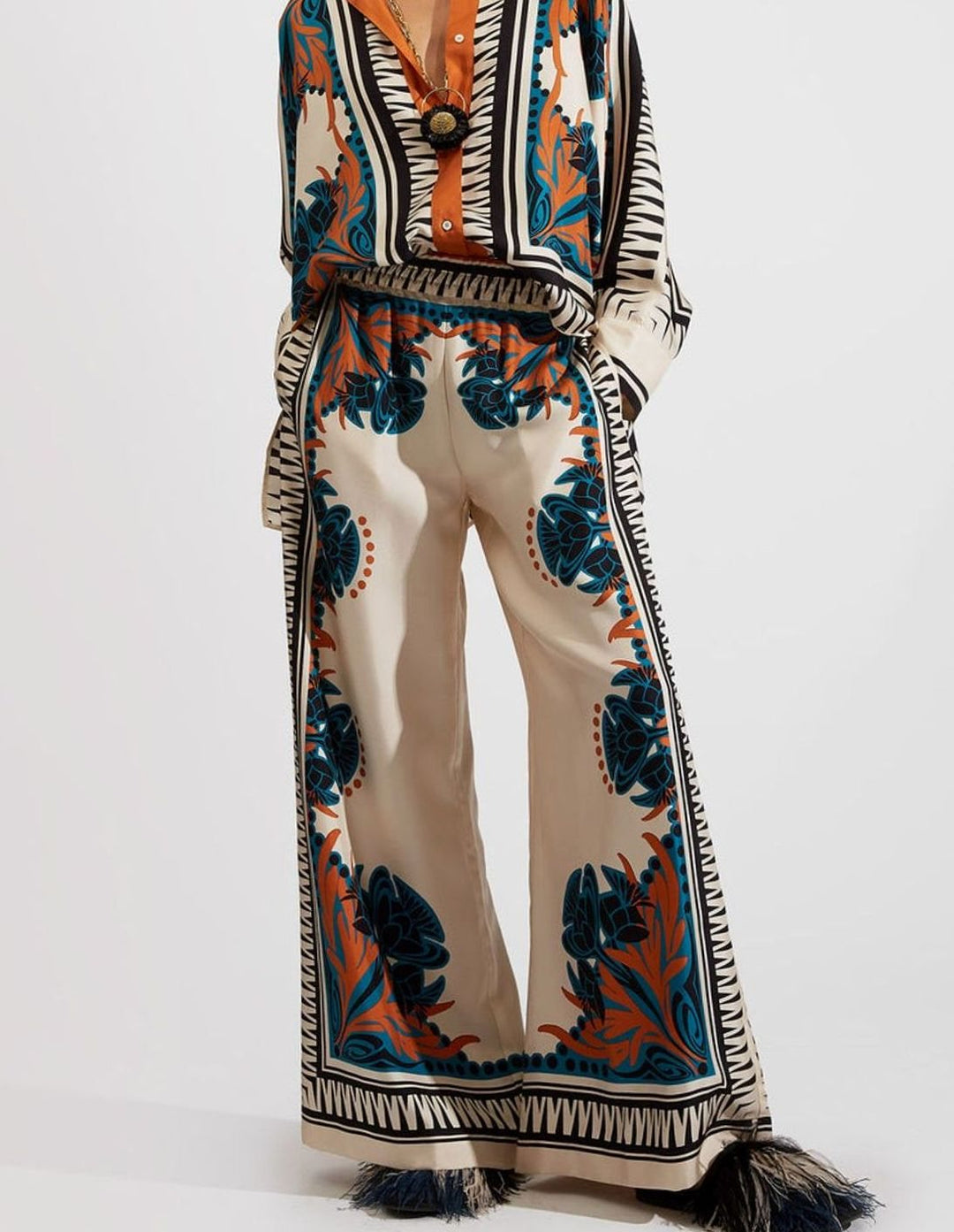 Women's Boho Kimono-Sleeve Top Wide-Leg Trouser Two-Piece Set