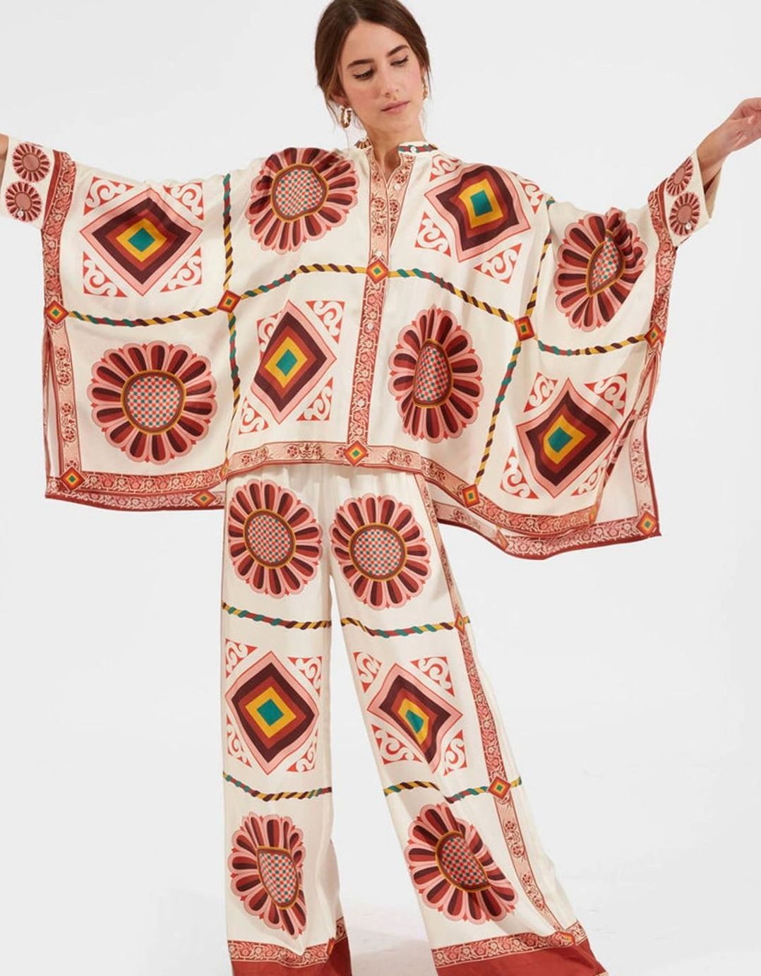 Women's Boho Kimono-Sleeve Top Wide-Leg Trouser Two-Piece Set - Off-White