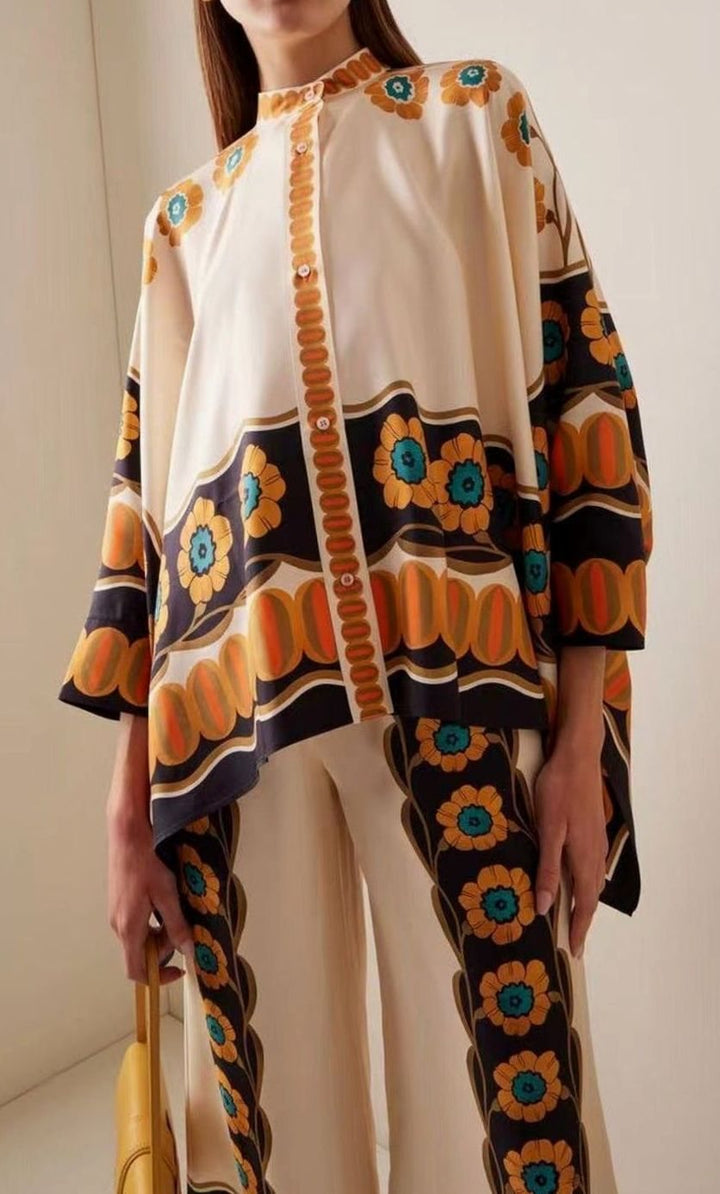 Women's Boho Kimono-Sleeve Top Wide-Leg Trouser Two-Piece Set - Yellow