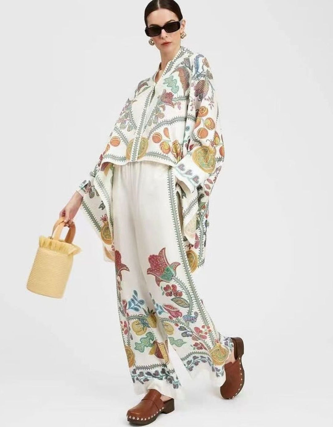 Women's Boho Kimono-Sleeve Top Wide-Leg Trouser Two-Piece Set - White