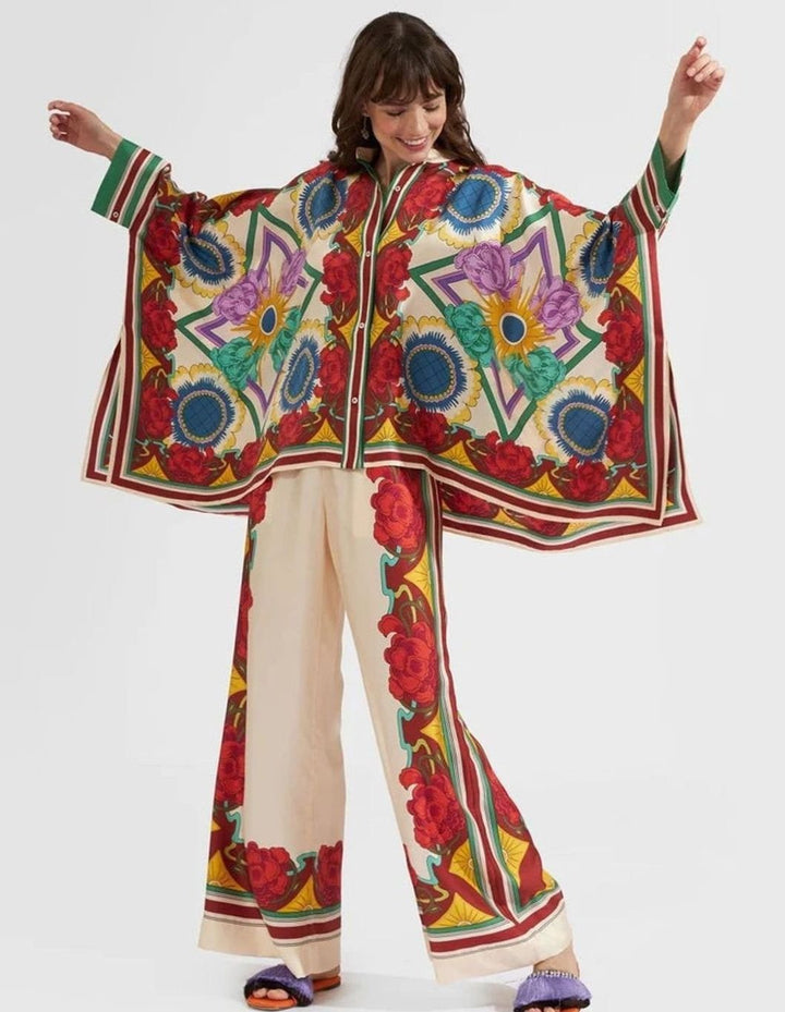 Women's Boho Kimono-Sleeve Top Wide-Leg Trouser Two-Piece Set - Safflower