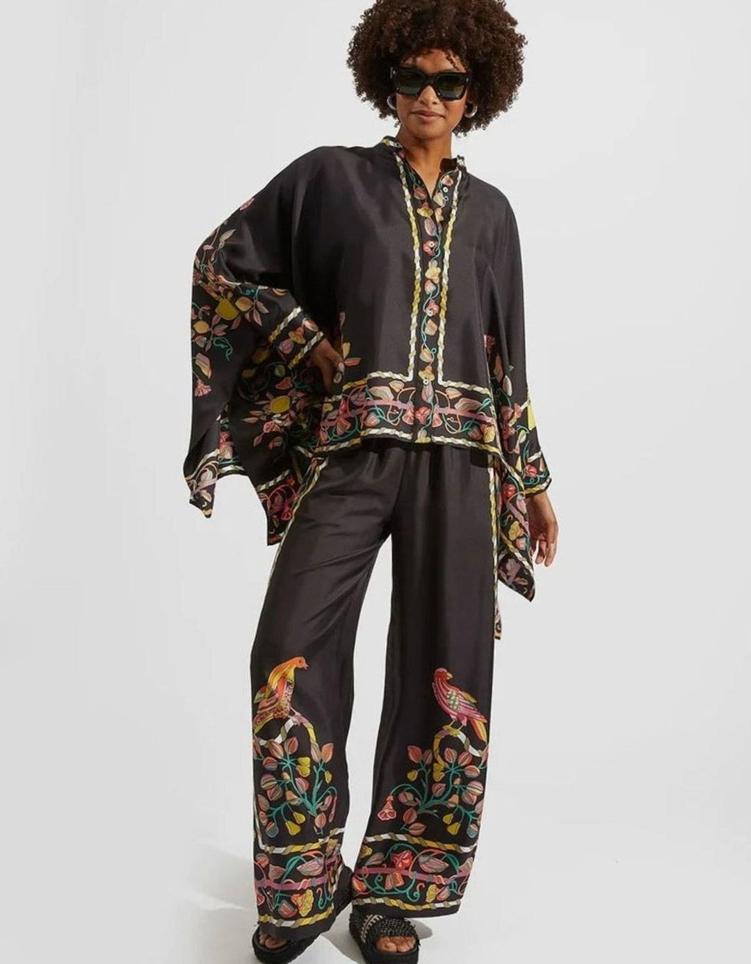 Women's Boho Kimono-Sleeve Top Wide-Leg Trouser Two-Piece Set - Black