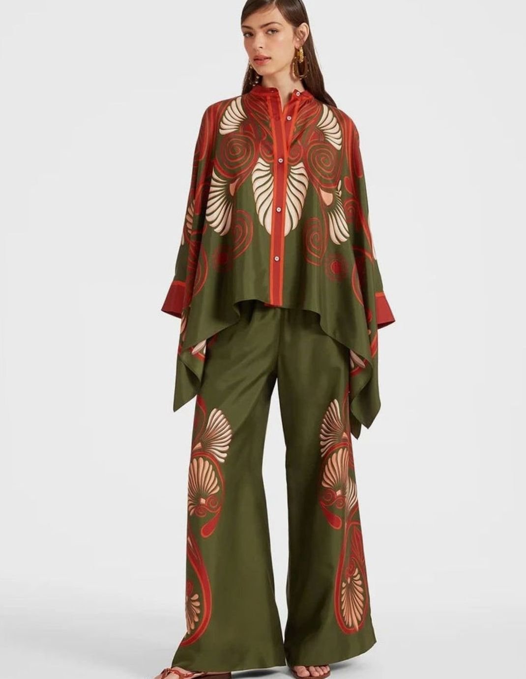 Women's Boho Kimono-Sleeve Top Wide-Leg Trouser Two-Piece Set - Dark Green