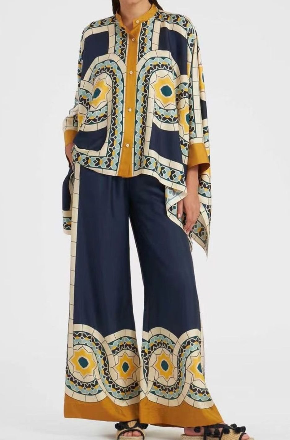Women's Boho Kimono-Sleeve Top Wide-Leg Trouser Two-Piece Set - Yellow Blue