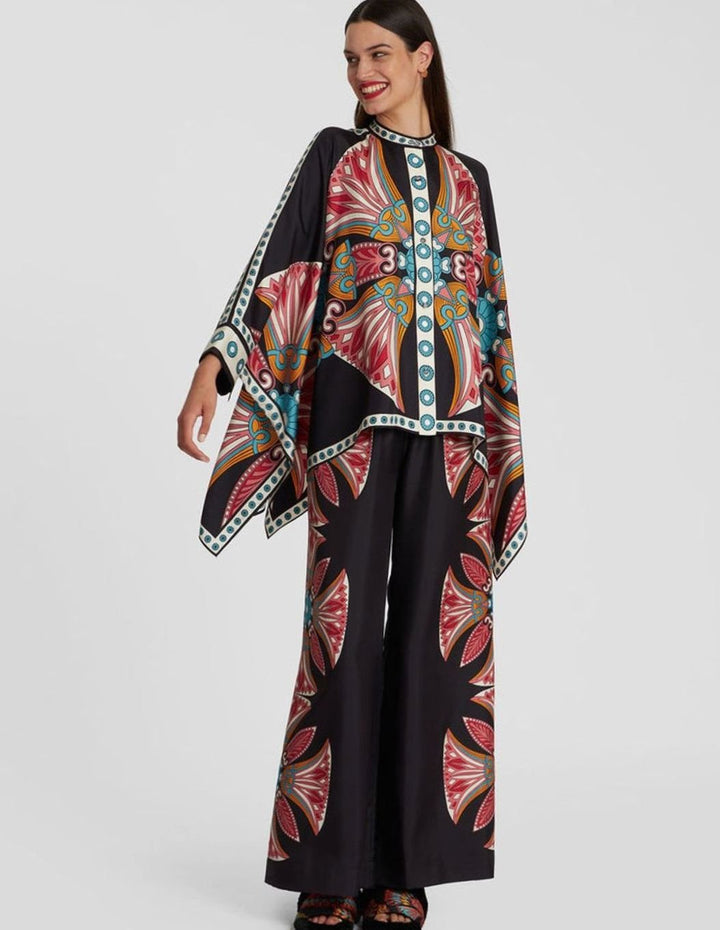 Women's Boho Kimono-Sleeve Top Wide-Leg Trouser Two-Piece Set - Black Red Floral