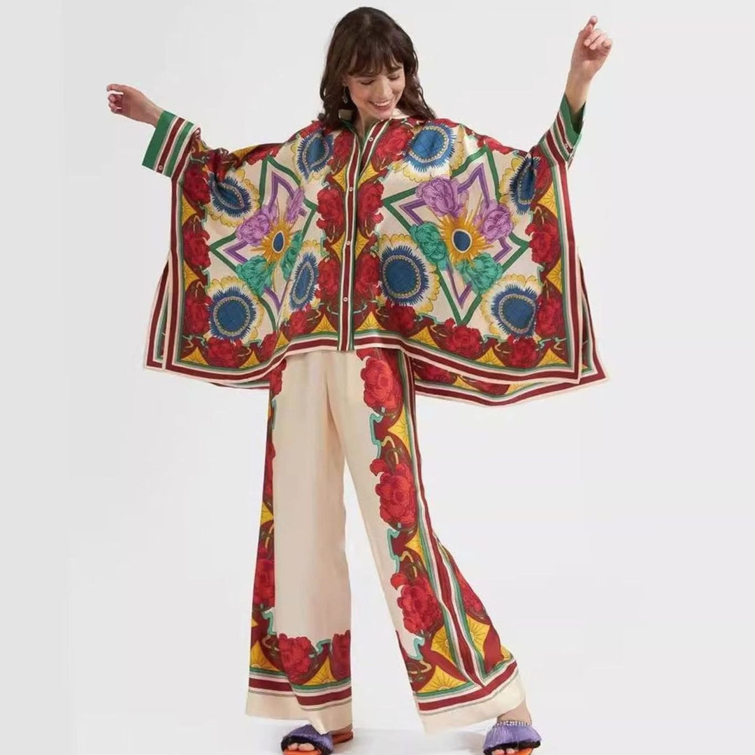 Women's Boho Kimono-Sleeve Top Wide-Leg Trouser Two-Piece Set