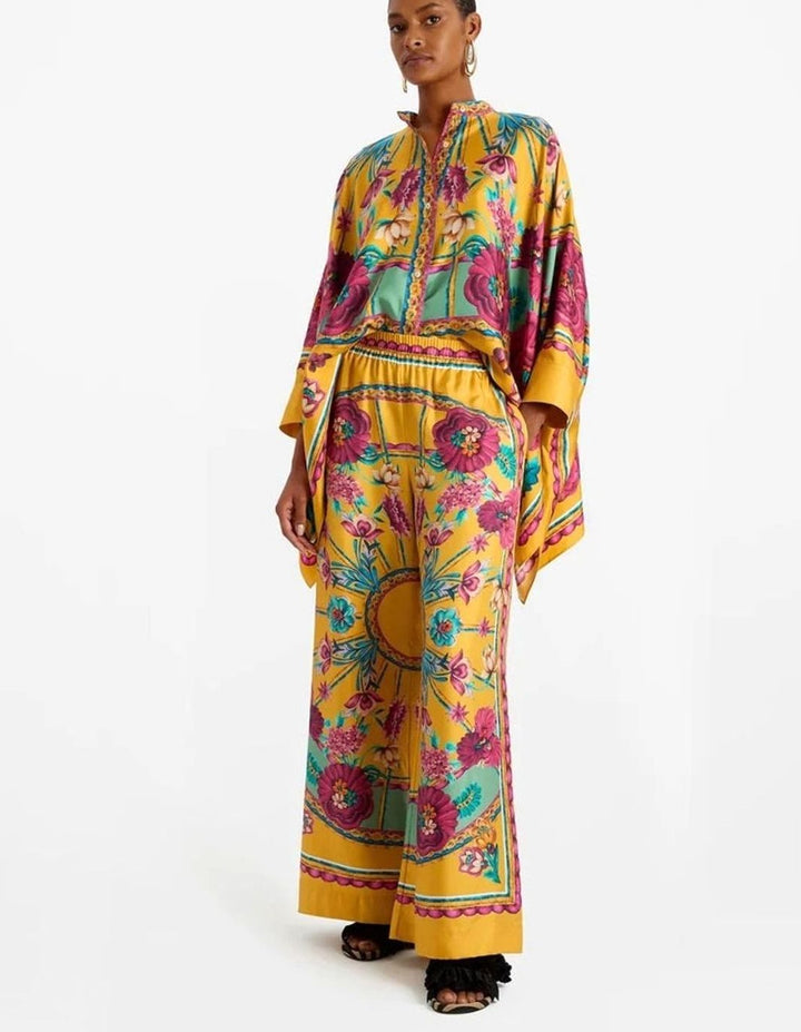 Women's Boho Kimono-Sleeve Top Wide-Leg Trouser Two-Piece Set - Ginger Yellow