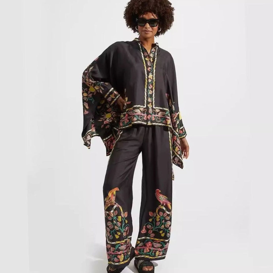 Women's Boho Kimono-Sleeve Top Wide-Leg Trouser Two-Piece Set