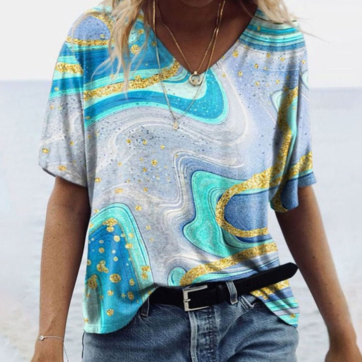 Women's Boho Marble-Print V-Neck Loose Fit Short-Sleeve Top - Glacier
