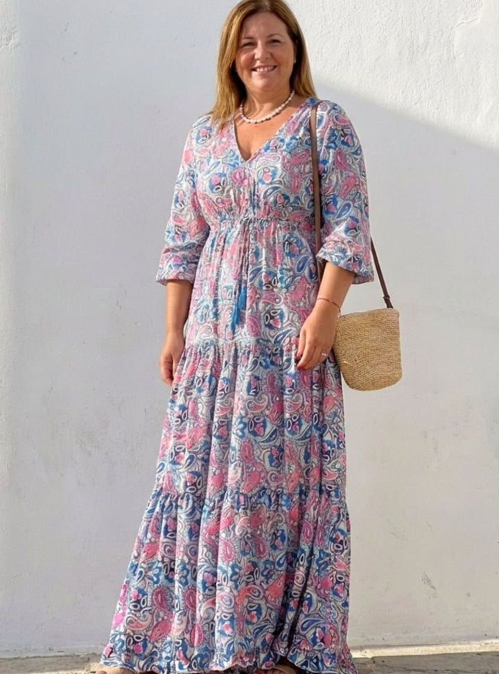 Women's Boho Paisley V-Neck Tiered Maxi Dress