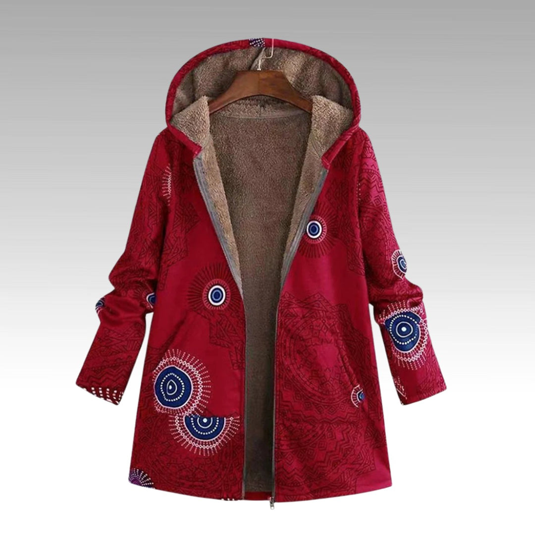 Women's Boho Print Sherpa-Lined Hooded Winter Coat - Red