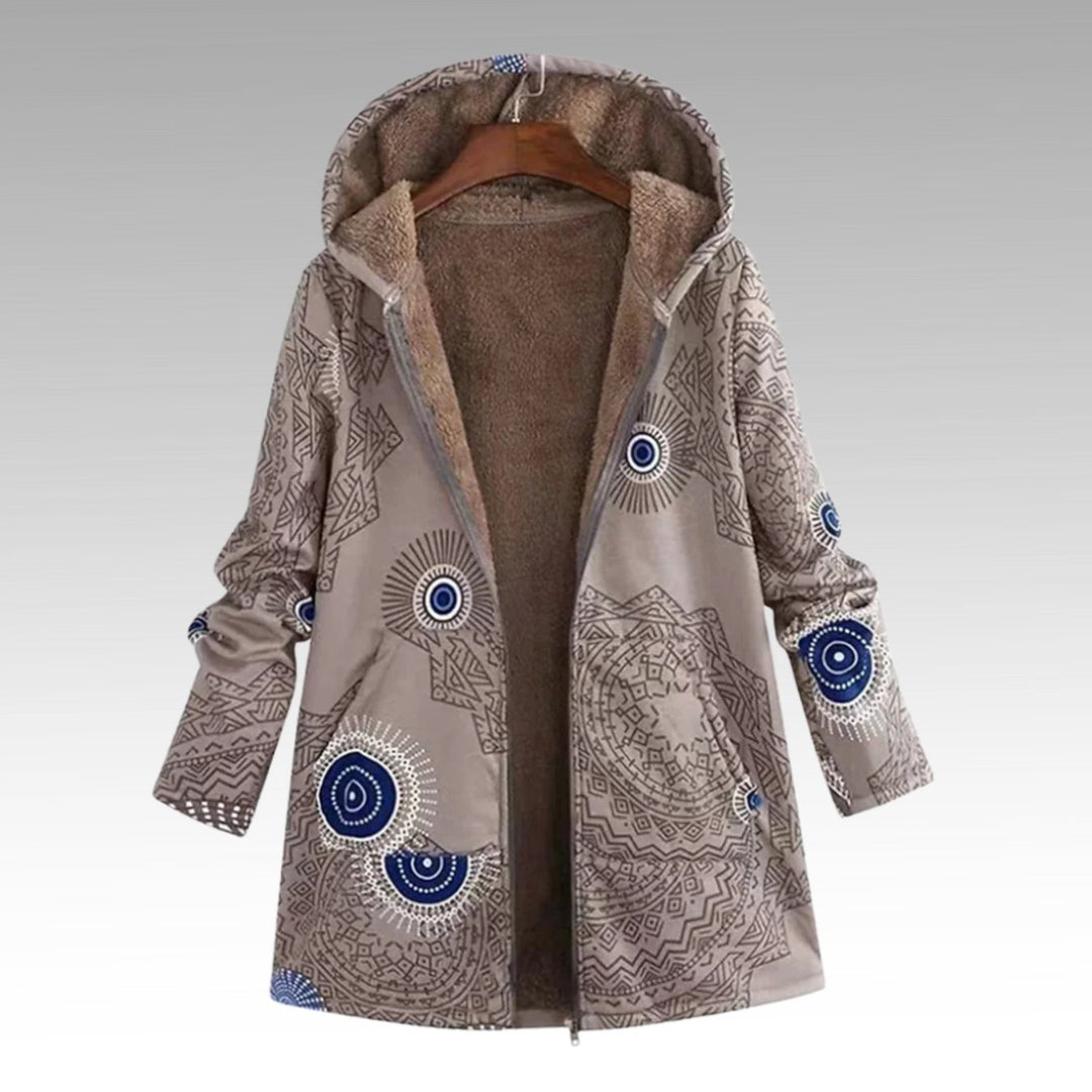Women's Boho Print Sherpa-Lined Hooded Winter Coat - Khaki