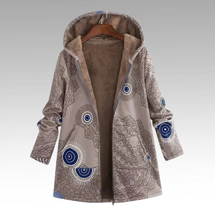 Women's Boho Print Sherpa-Lined Hooded Winter Coat - Khaki