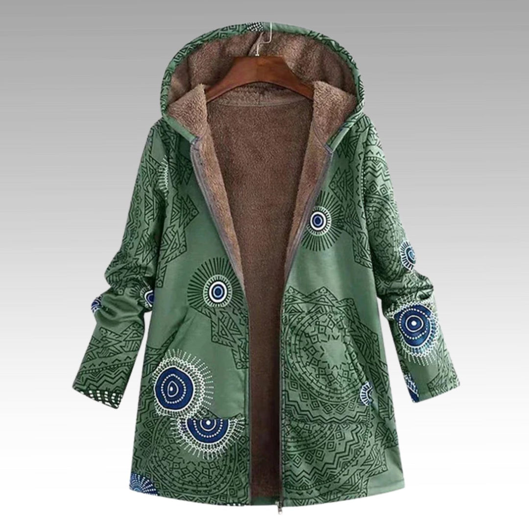Women's Boho Print Sherpa-Lined Hooded Winter Coat - Green