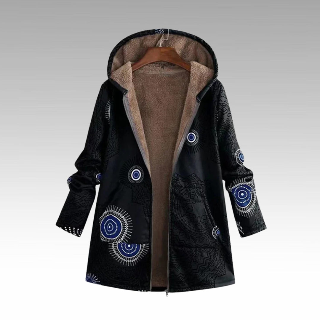 Women's Boho Print Sherpa-Lined Hooded Winter Coat - Black