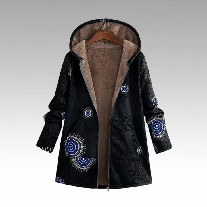 Women's Boho Print Sherpa-Lined Hooded Winter Coat - Black