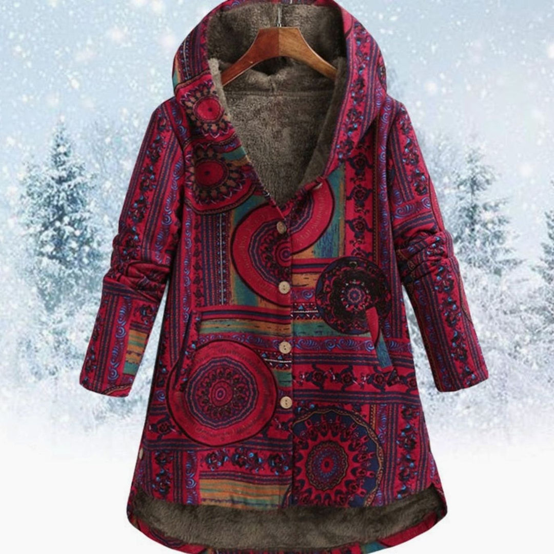 Women's Boho Printed Fleece-Lined Hooded Winter Coat - Red