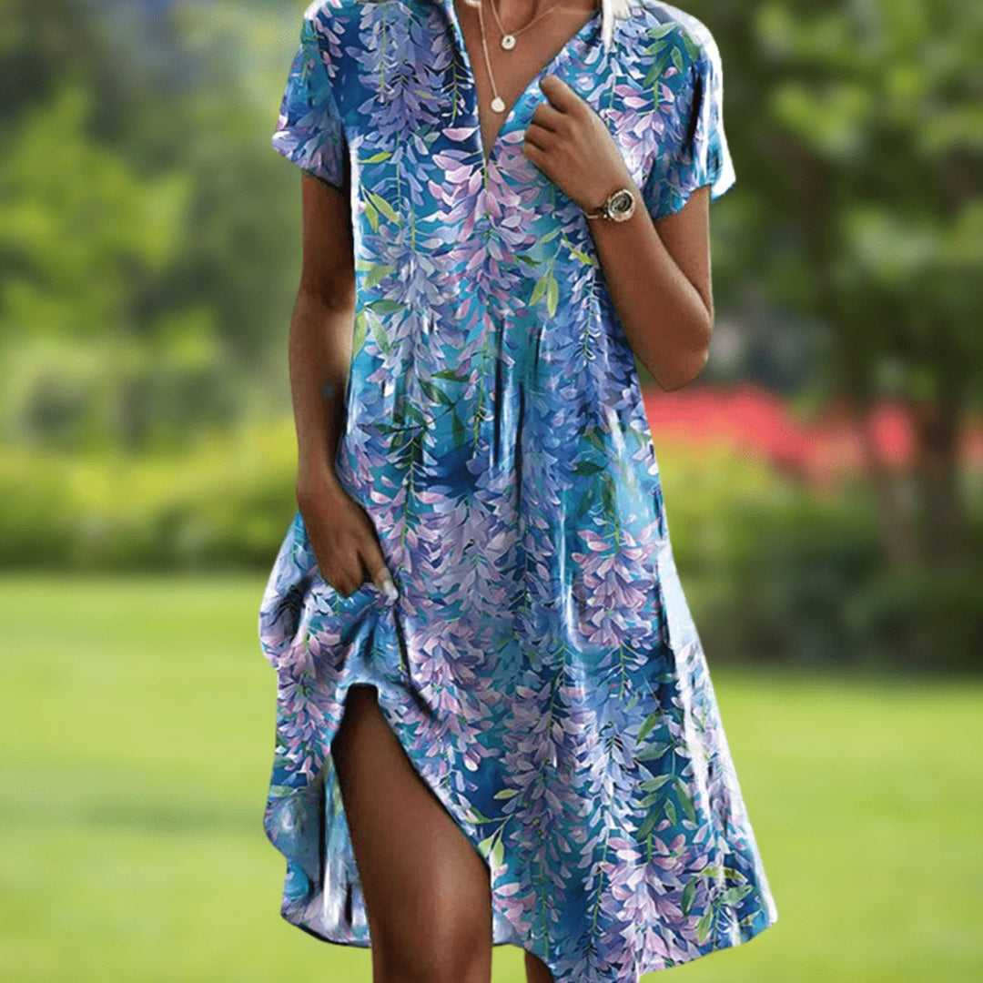 Women's Boho V-Neck Short-Sleeve Printed Midi Dress - Light Blue