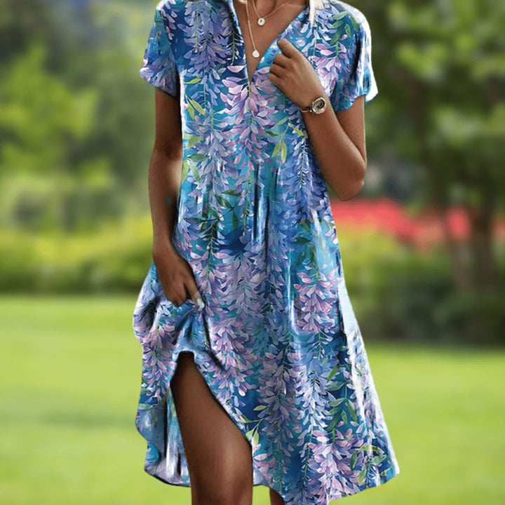 Women's Boho V-Neck Short-Sleeve Printed Midi Dress - Light Blue