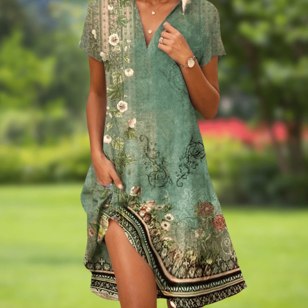 Women's Boho V-Neck Short-Sleeve Printed Midi Dress - Green