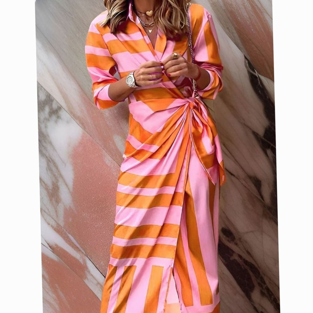 Women's Bold Striped Long-Sleeve Wrap Midi Shirt Dress