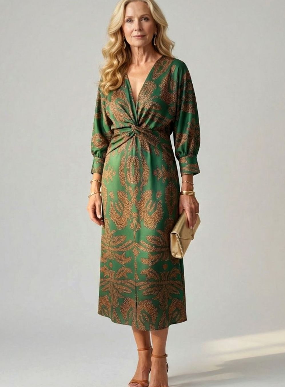 Women's Botanical Print Twist-Front Long Sleeve Midi Dress