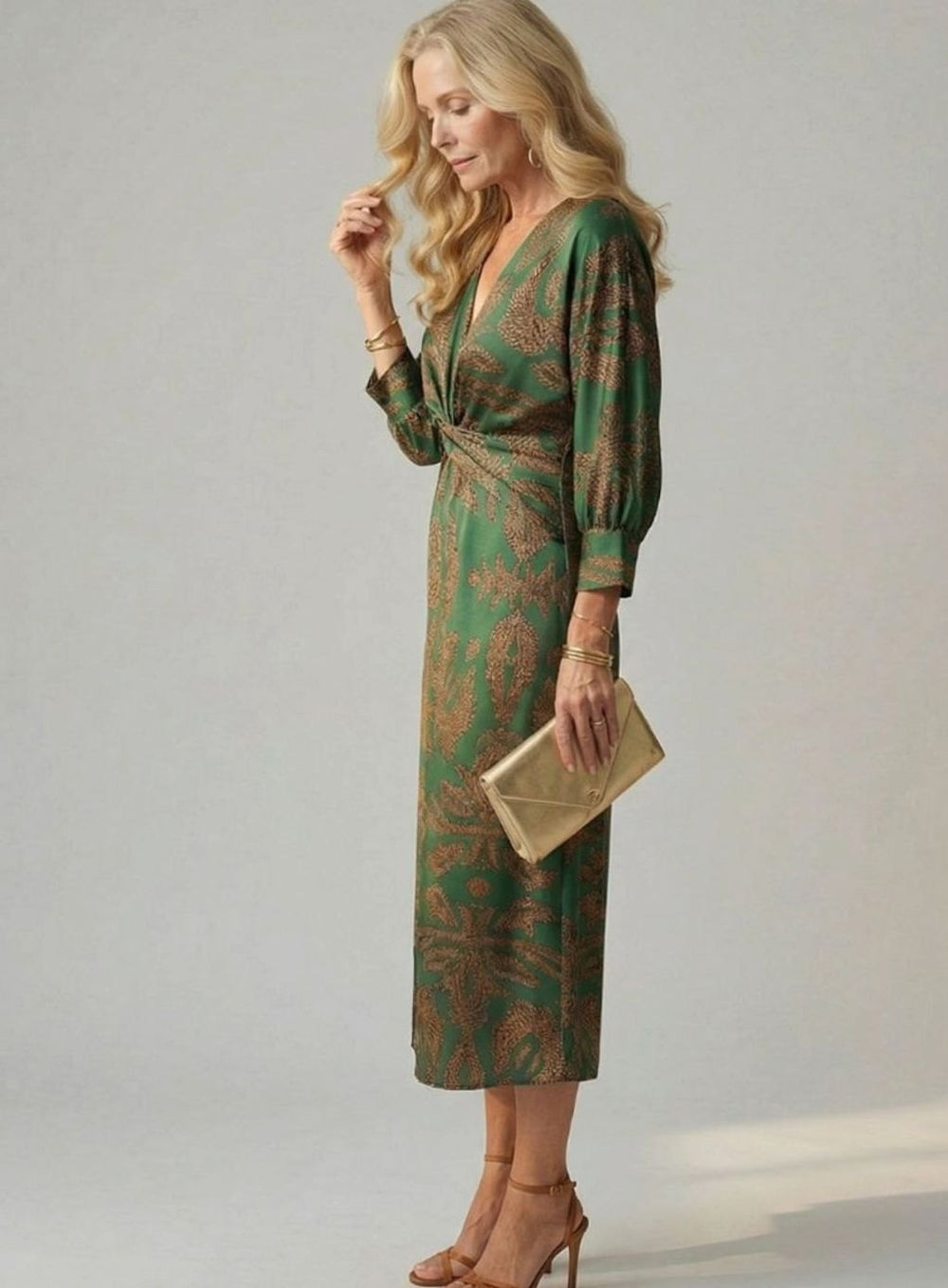 Women's Botanical Print Twist-Front Long Sleeve Midi Dress