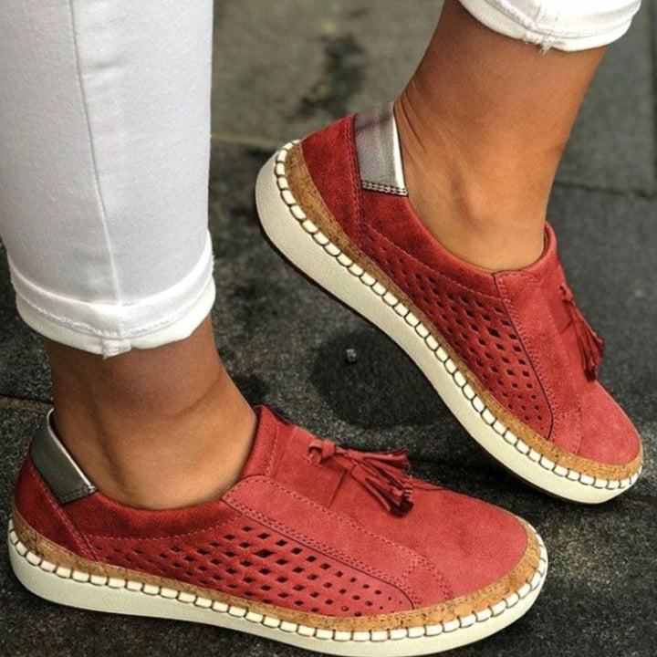Women's Breathable Slip-On Orthopedic Tassel Flatform Trainers - Red