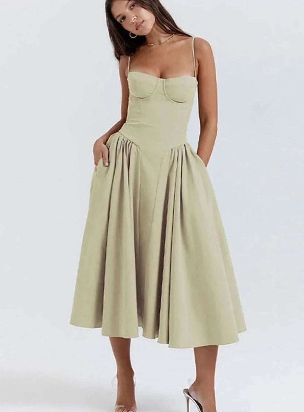 Women's Bustier Midi Flared Spaghetti-Strap Dress