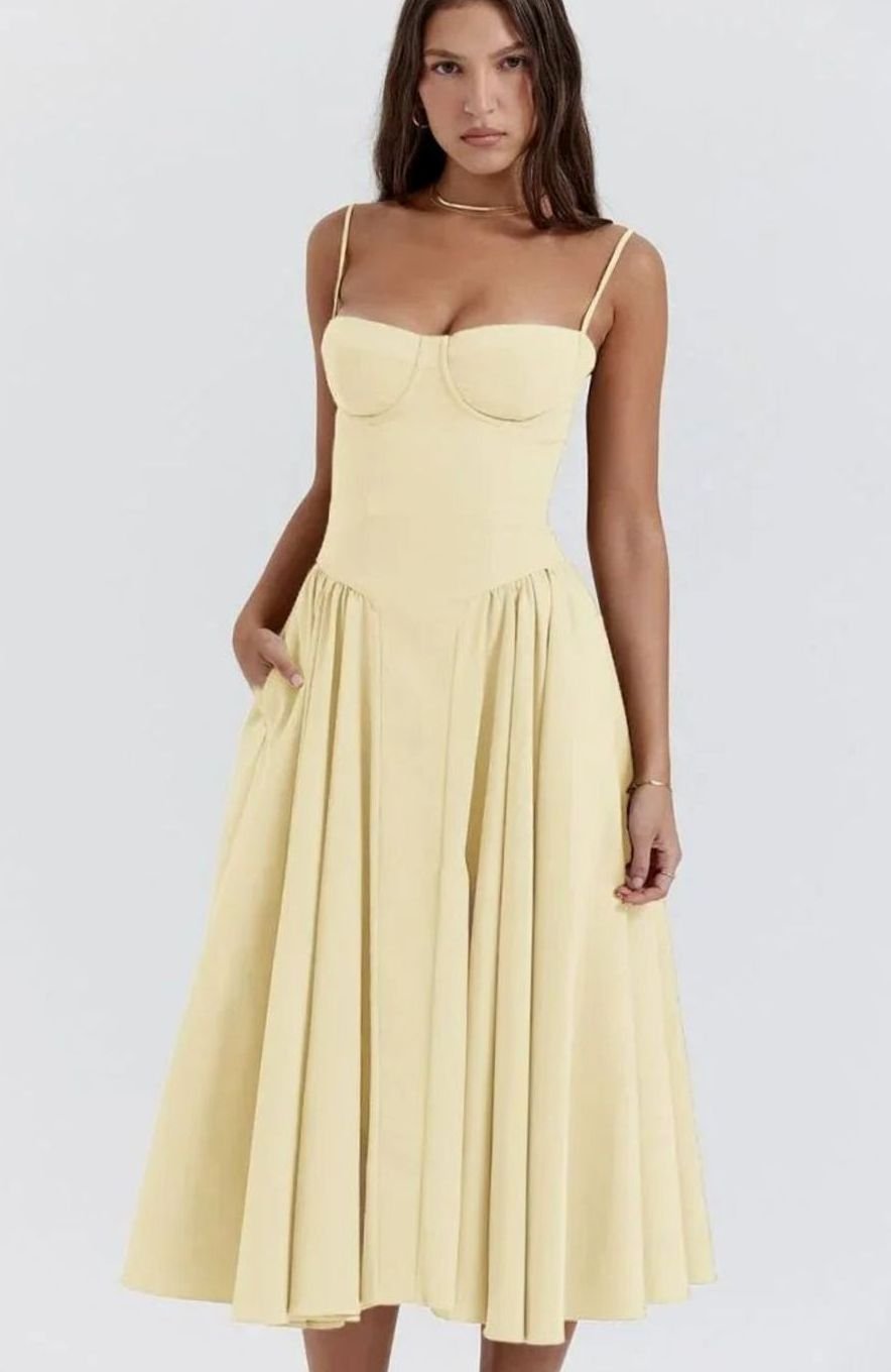 Women's Bustier Midi Flared Spaghetti-Strap Dress, Yellow