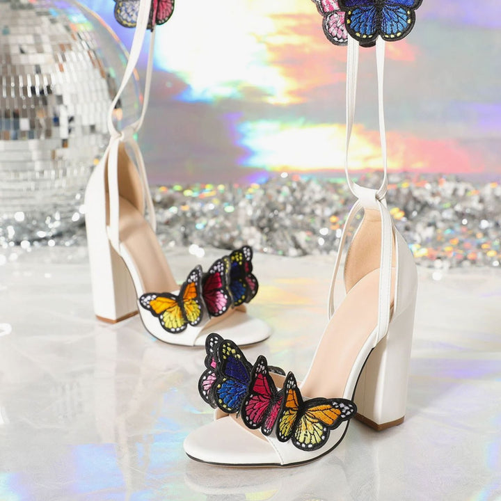 Women's Butterfly Applique Block Heel Lace-Up Sandals