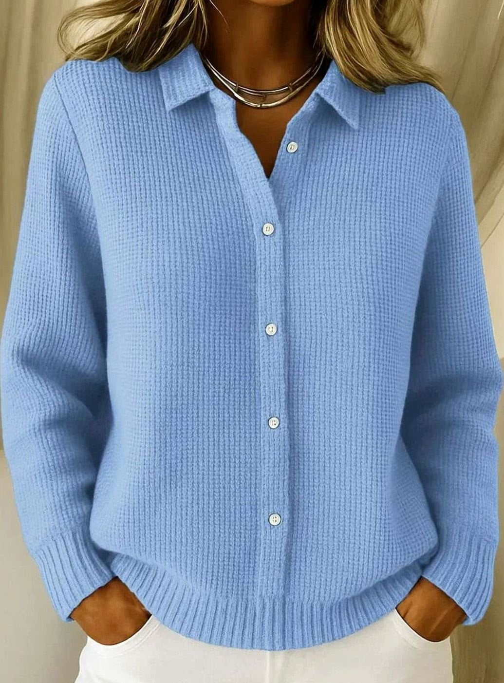 Women's Button-Front Collared Knit Cardigan - Blue