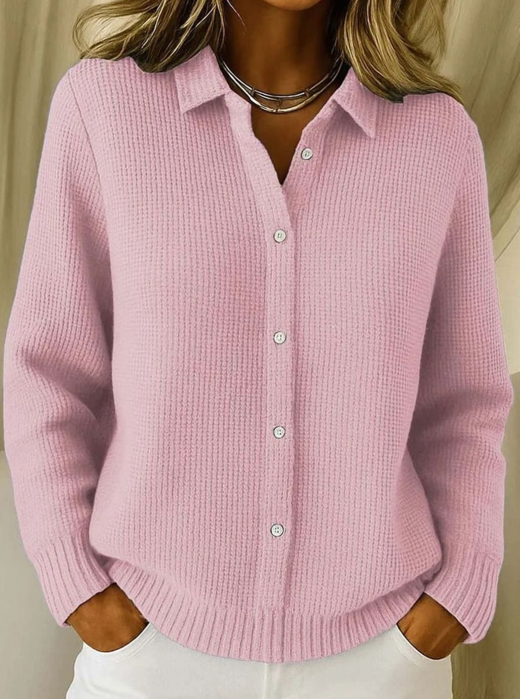 Women's Button-Front Collared Knit Cardigan - Pink