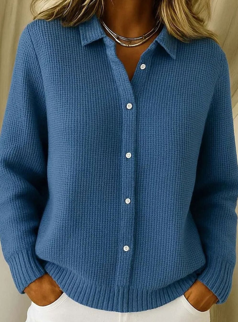 Women's Button-Front Collared Knit Cardigan - Dark Blue