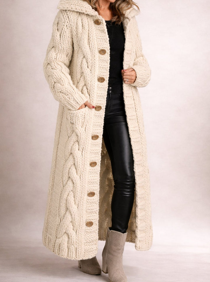 Women's Cable-Knit Hooded Maxi Cardigan Coat Button-Front - Beige