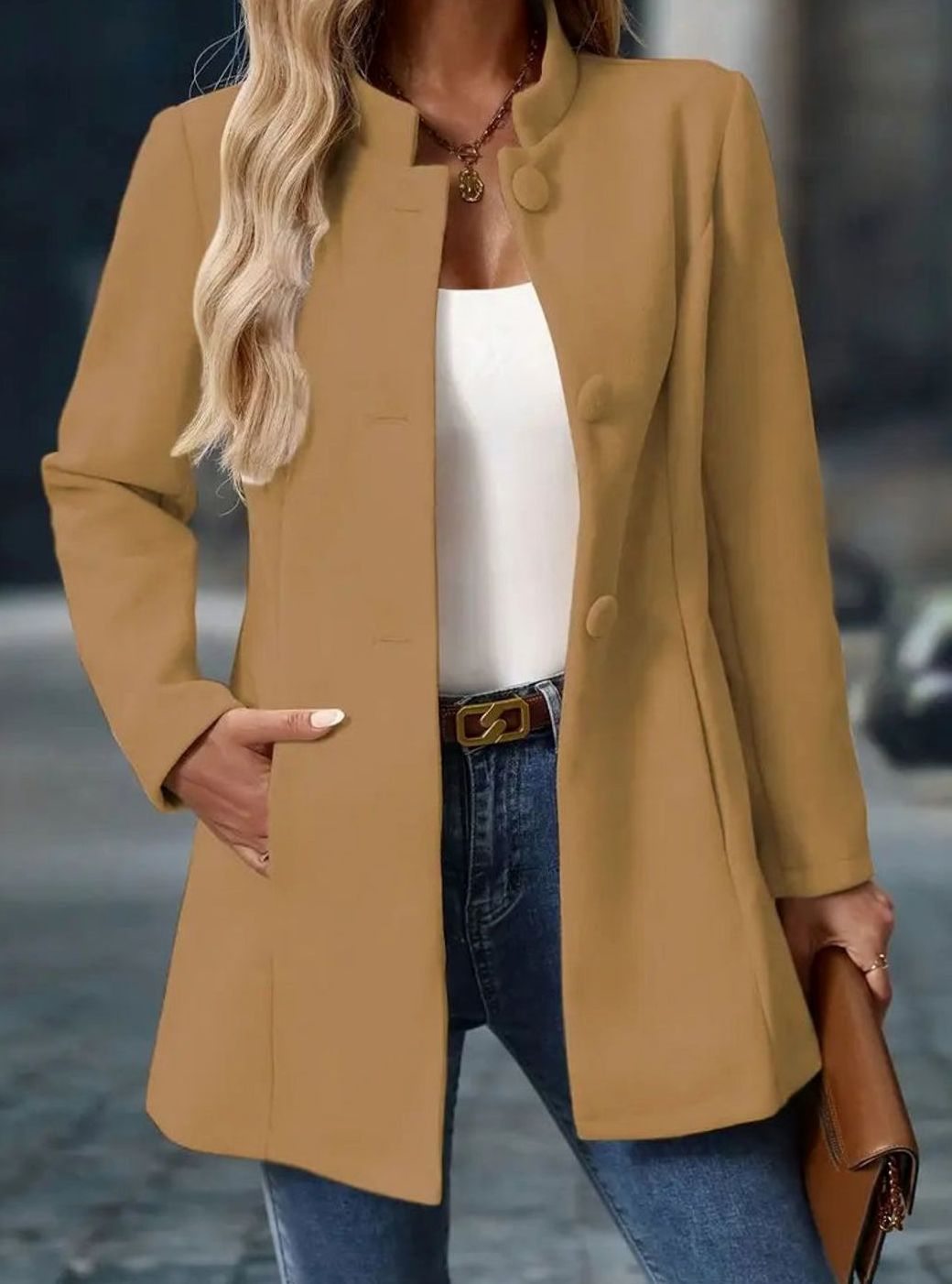 Women's Camel Collarless Button-Front Tailored Blazer Coat - Camel