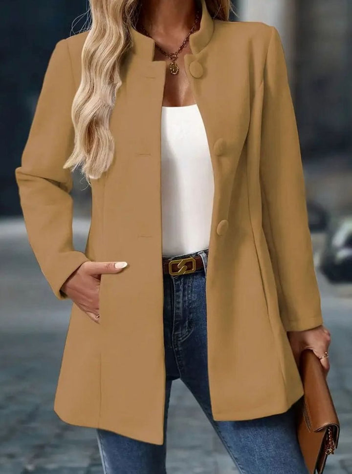 Women's Camel Collarless Button-Front Tailored Blazer Coat - Camel