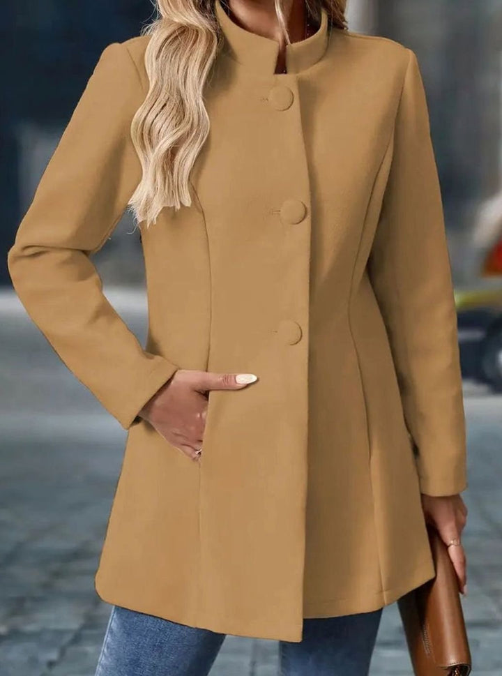 Women's Camel Collarless Button-Front Tailored Blazer Coat