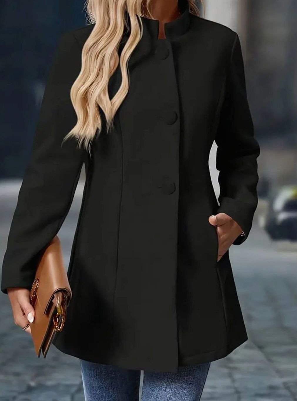 Women's Camel Collarless Button-Front Tailored Blazer Coat
