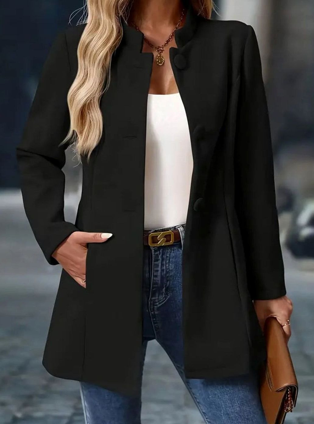 Women's Camel Collarless Button-Front Tailored Blazer Coat - Black