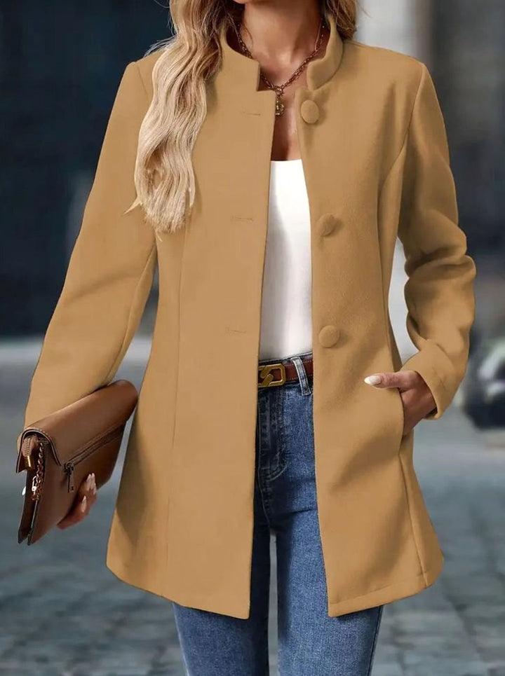 Women's Camel Collarless Button-Front Tailored Blazer Coat