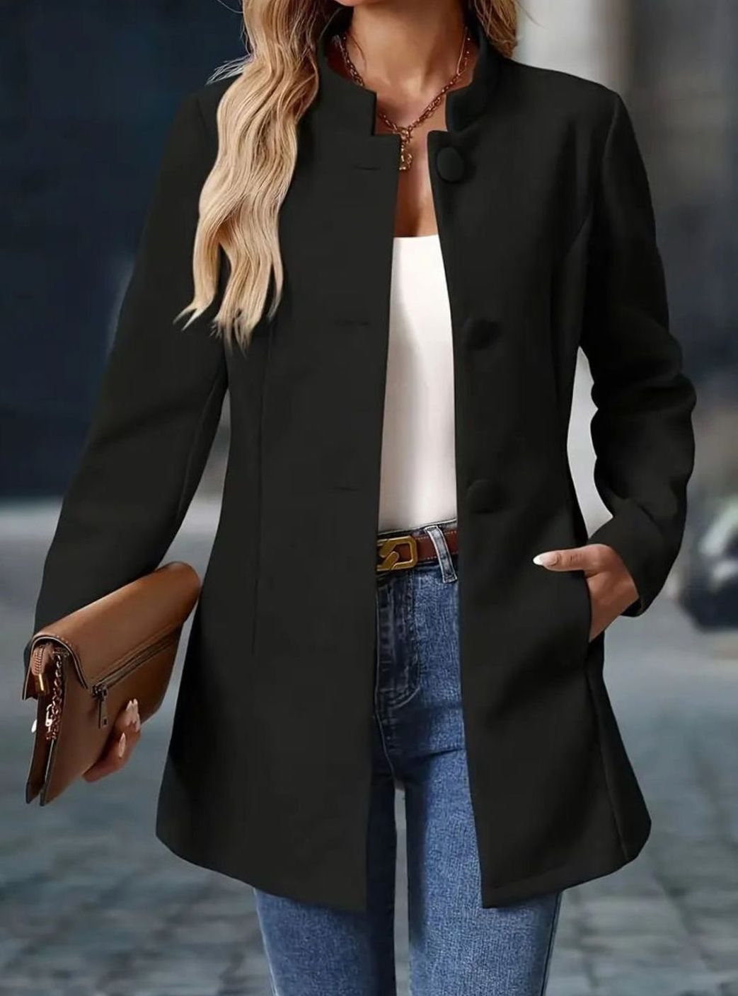 Women's Camel Collarless Button-Front Tailored Blazer Coat