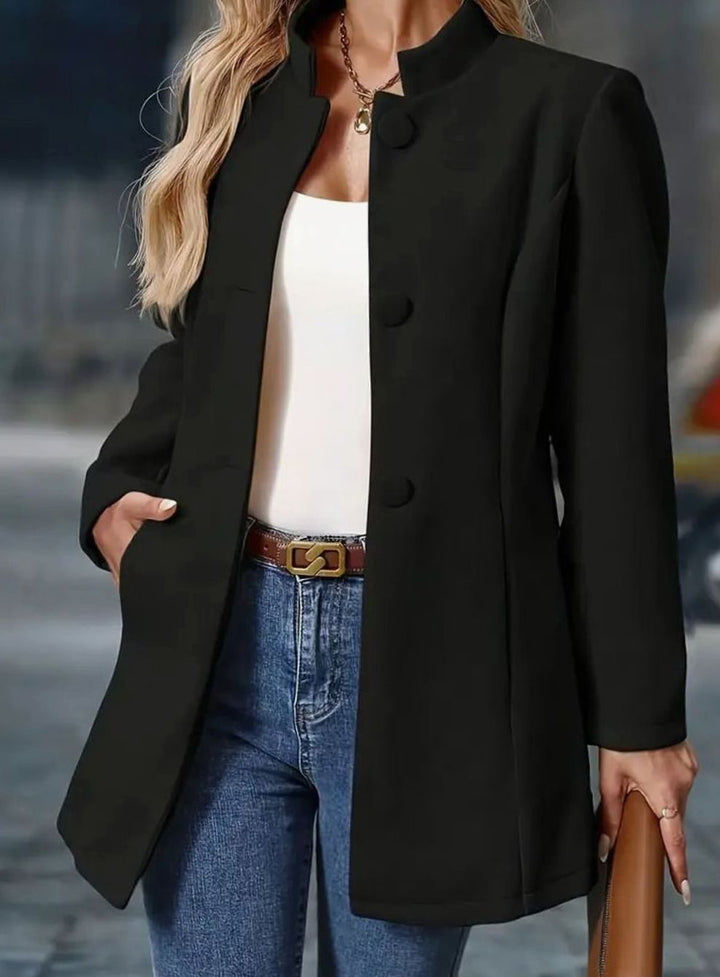 Women's Camel Collarless Button-Front Tailored Blazer Coat