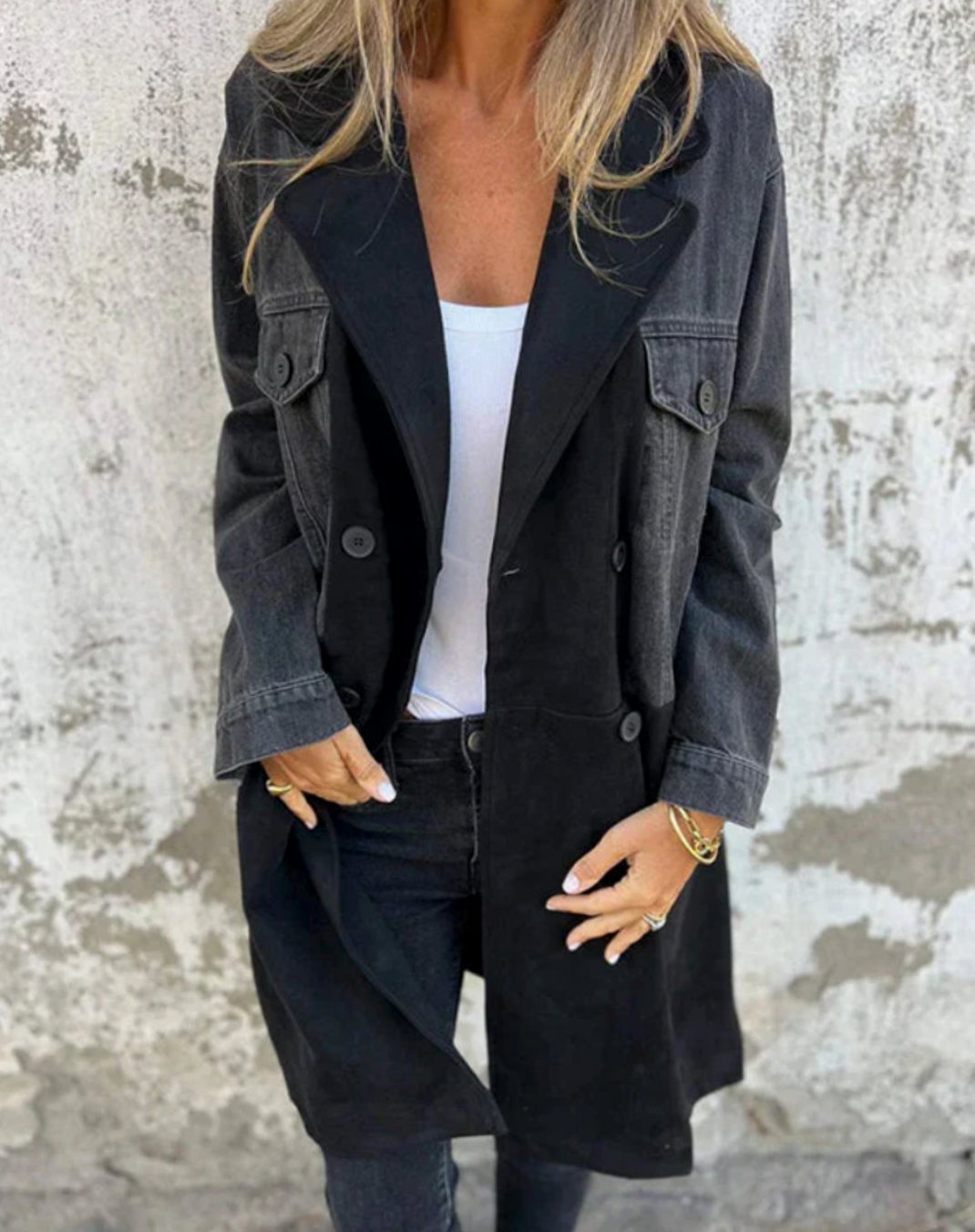 Women's Camel Suede Denim Contrast Panel Longline Coat - Black
