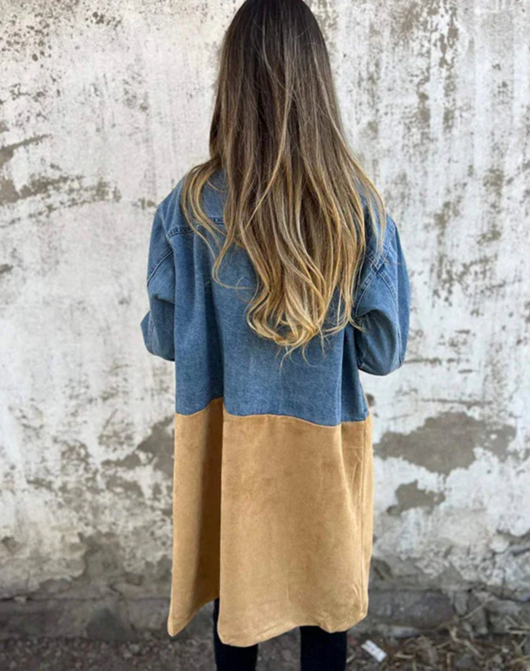 Women's Camel Suede Denim Contrast Panel Longline Coat